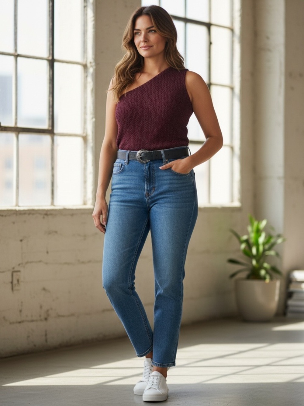 City Chic Louisa One Shoulder Top Fudge Deep Burgundy Plus Size L UK 20